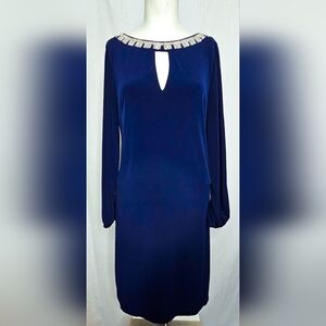 Eliza J Navy Blue Jeweled Keyhole Long Sleeve Formal Wedding Guest Dress Size 8